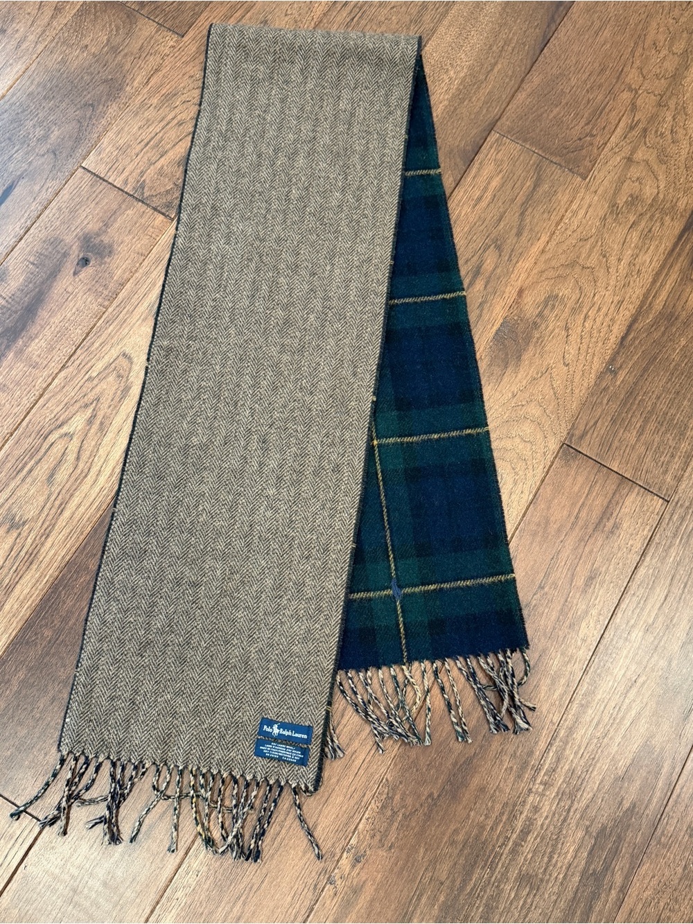 Polo Ralph Lauren Brown Herringbone & Dark Green Plaid Wool Scarf - Picture 5 of 7